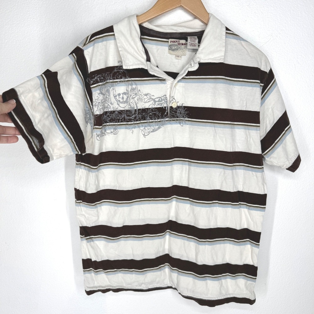 Point Zero Y2K Vintage Mens Large Striped Skull Graphic Polo Shirt Brown Edgy L